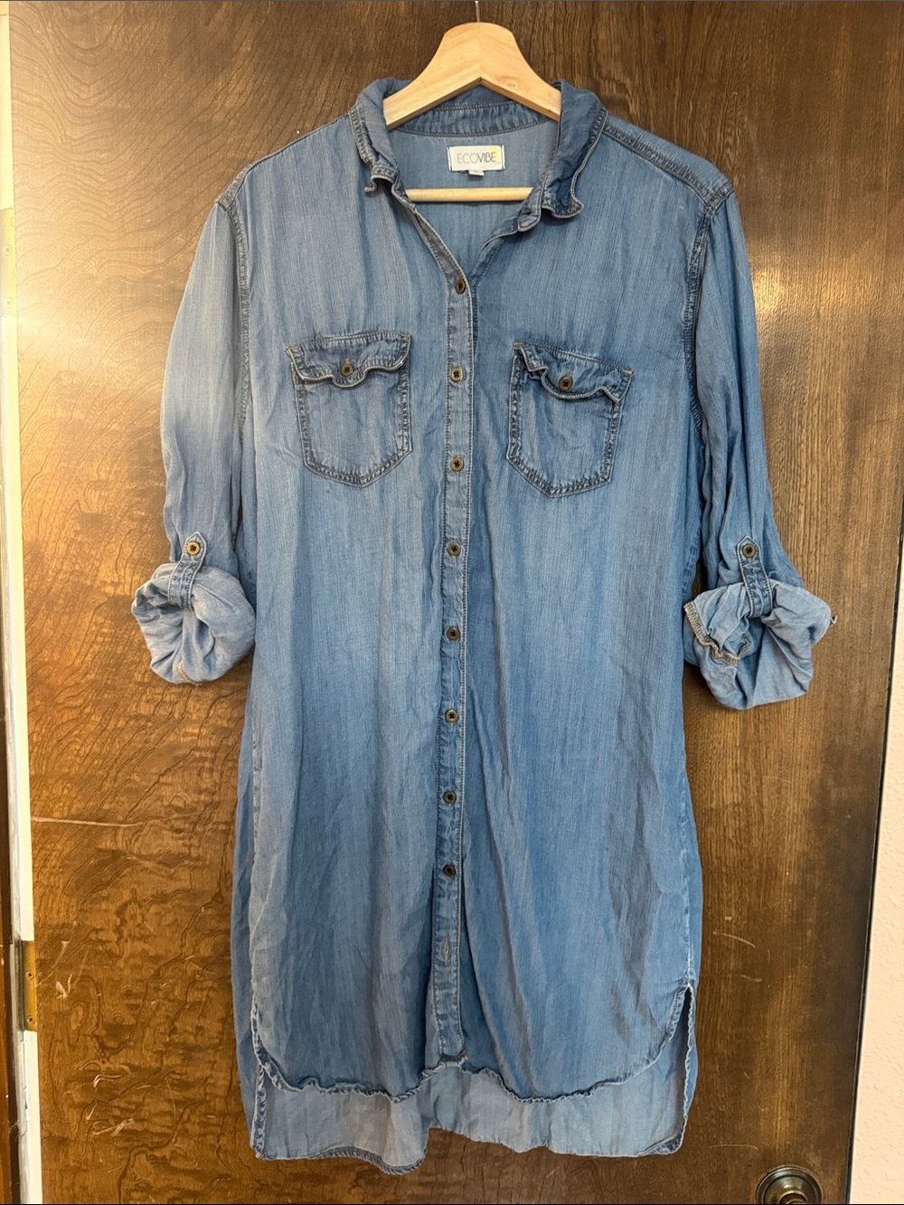 Light Blue Denim Shirt Dress with Roll-Tab Sleeves
